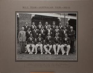 Bodyline’. ‘M.C.C. Team- Australian Tour- 1932-33’. Large and impressive official mono photograph of the M.C.C. touring party who toured Australia in 1932/33. The team, standing and seated in rows, wearing M.C.C. touring blazers and cricket attire. The ph