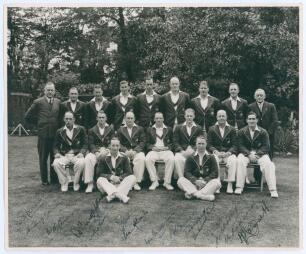 Australian tour of England 1938. Large official mono photograph of the Australian touring team to England 1938, standing and seated in rows at Lord’s, wearing tour blazers and cricket attire. The photograph is signed by all sixteen playing members of the 