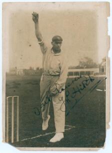 John William Hitch. Surrey & England 1907-1925. Early sepia photograph of Hitch depicted full length in bowling pose, wearing M.C.C. touring cap, boldly signed to the photograph ‘Yours sincerely J.W. Hitch’. The photograph measures 4.5”x6.5”. Photographer