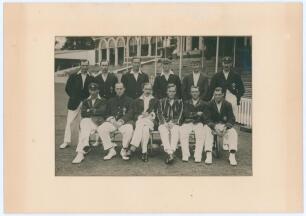 Surrey C.C.C. 1921. Original mono press photograph of the Surrey team, seated and standing in rows in front of the pavilion at The Oval, wearing cricket attire and blazers. Players featured are Fender (Captain), Hobbs, Reay, Howell, Strudwick, Hitch, Peac