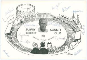 Surrey County Cricket Club. Stewart Storey Benefit Year 1973. Benefit card with caricature drawing of the Oval by Jack Dunkley, with photographic cameo image of Storey, head and shoulders to centre. Signed by thirteen members of the Surrey team including 