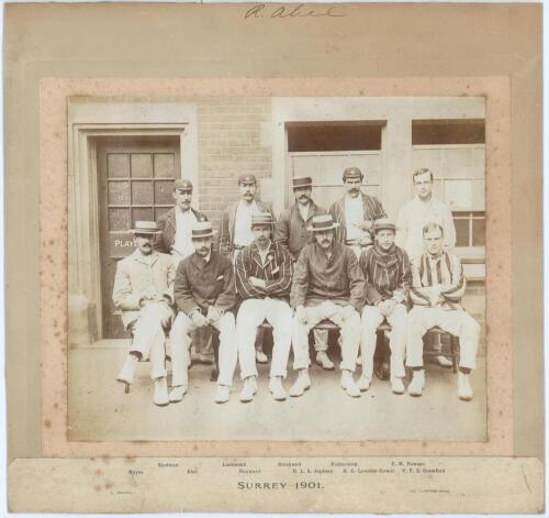 Surrey C.C.C. 1901. Original sepia photograph of the Surrey team seated and standing in rows in cricket attire and blazers. Players featured include Abel, Hayward, Jephson, Leveson-Gower, Crawford, Stedman, Lockwood etc. The photograph measures 9.5”x7.75”