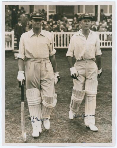 Australia tour to England 1934. Large original sepia press photograph of Bill Woodfull and Bill Brown walking out to bat for Australia in the 2nd Test, Lord’s 22nd- 25th June 1934. The photograph very nicely signed in ink by both Woodfull and Brown. Sport