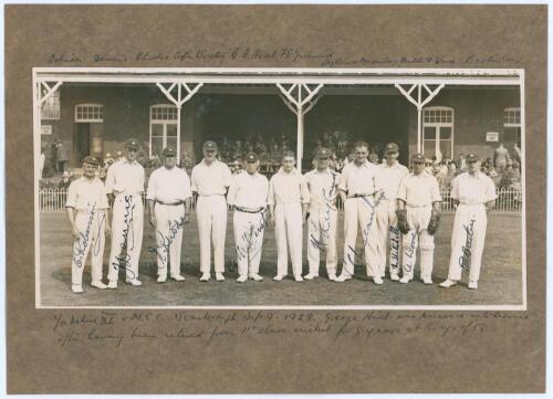 Yorkshire C.C.C. 1929. Original sepia photograph of the Yorkshire team standing in front of the pavilion in cricket attire for the match Yorkshire v M.C.C., Scarborough, 11th-13th September 1929. Nicely signed in black ink to the photograph by nine player