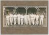 Yorkshire C.C.C. 1929. Original sepia photograph of the Yorkshire team standing in front of the pavilion in cricket attire for the match Yorkshire v M.C.C., Scarborough, 11th-13th September 1929. Nicely signed in black ink to the photograph by nine player