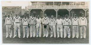 Yorkshire v. M.C.C. Scarborough 1937. Original mono photograph of the Yorkshire team lined up in front of the pavilion at Scarborough with crowds in the background for the match played 1st- 3rd September 1937. Fully and very nicely signed in ink by all el