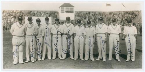 New Zealanders v. H.D.G. Leveson-Gower’s XI, Scarborough 1937. Original mono photograph of the New Zealand team lined up in front of the stands at Scarborough with crowds in the background for the match played 8th- 10th September 1937. Fully and very nice