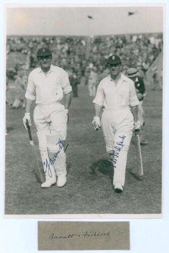 Charlie Barnett and Laurie Fishlock. H.D.G. Leveson-Gower’s XI v. M.C.C. Australian Touring Team, Scarborough, 4th- 7th September 1937. Original mono photograph of the M.C.C. opening batsmen, Barnett (Gloucestershire) and Fishlock (Surrey) walking out to 