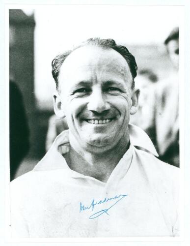 Don Bradman. Two mono photographs featuring Bradman, one head and shoulders and the other with Bradman standing with Ronnie Aird in the nets. Both signed in later years by Bradman, the Aird photograph also signed by Aird. 7”x9” and 10”x8”. Good condition