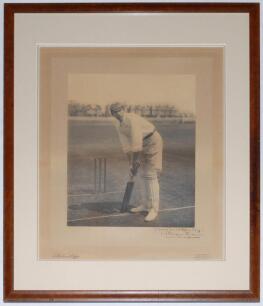 William Gunn. Nottinghamshire & England. Large and impressive original photograph of Gunn in batting pose at the wicket at Trent Bridge. The photograph laid down to original photographers mount and nicely signed to lower right border in black ink ‘Yours F