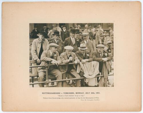 Nottinghamshire v Yorkshire, Monday July 20th 1931. Original and humourous original photograph of a group of travelling Yorkshire supporters sitting entertaining themselves in the stands at Trent Bridge. The caption reads &lsquo;Heads or Tails whether we go or 