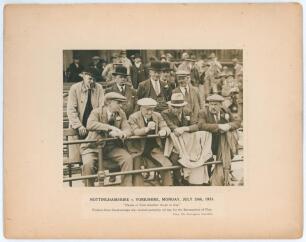 Nottinghamshire v Yorkshire, Monday July 20th 1931. Original and humourous original photograph of a group of travelling Yorkshire supporters sitting entertaining themselves in the stands at Trent Bridge. The caption reads ‘Heads or Tails whether we go or 