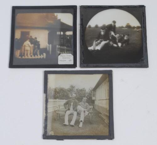 W.G. Grace. Three magic lantern slides, one showing W.G. Grace sitting on a bench with another cricketer at a cricket ground, the other two are of pupils at Oundle school, wearing blazers, caps and cricket attire, one near the cricket pitch and the other 