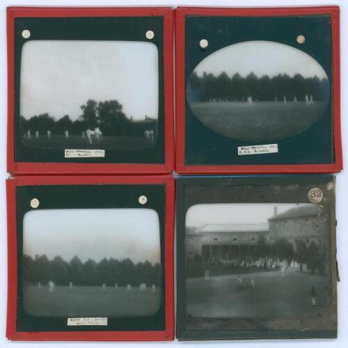 Ipswich School v Beccles. Whit Monday 1892. Three glass lantern slides showing photographic images from the match. Sold with a further glass lantern slide showing cricket practise in front of the school. Qty 4. G