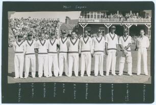 West Indies tour to England 1950. Original mono photograph of the West Indies team lined up in one row at Scarborough for the match v H.D.G. Leveson-Gower’s XI, 9th- 12th September 1950. Large crowds are seen in the grandstand and pavilion in the backgrou