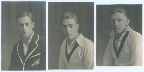 New Zealand tour to England 1927. Three very nice head and shoulders portraits of members of the New Zealand touring party wearing cricket attire. Players are Roger Blunt (wearing tour blazer), Stewie Demptster (both 4”x5.75”), and Bill Cunningham (4”x5.2