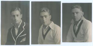 New Zealand tour to England 1927. Three very nice head and shoulders portraits of members of the New Zealand touring party wearing cricket attire. Players are Roger Blunt (wearing tour blazer), Stewie Demptster (both 4”x5.75”), and Bill Cunningham (4”x5.2