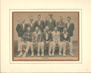 Middlesex C.C.C. c.1928. Magazine/ newspaper extract of the Middlesex team seated and standing in rows wearing cricket attire and assorted blazers. Signed in black ink to the image by ten of the eleven featured players. Signatures are Mann (Captain), Hear