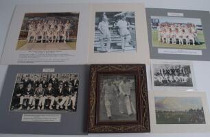 Cricket photographs. Selection including a framed mono photograph of Bill Edrich and Denis Compton walking out to bat, signed by Edrich, a mono mounted print of Don Bradman and Ted Dexter walking out as Captains, signed by both players, a mounted photogra