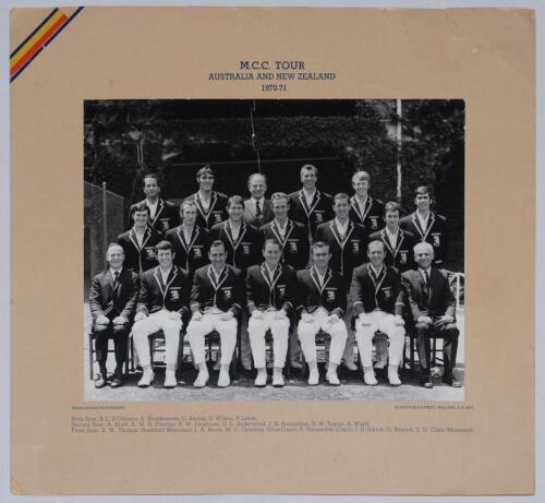 M.C.C. tour of Australia 1970/71. Official mono tour photograph of the M.C.C. party, sitting and seated in rows, wearing cricket attire and M.C.C. blazers. The photograph laid down to official photographer’s mount with title to top and players names to lo