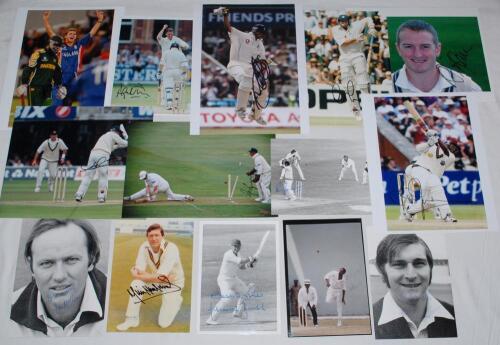 Test cricketers photographs 1970s-2000s. A collection of eighteen original press photographs, the majority colour action photographs, some portraits, of which sixteen are signed. Signatures include Dennis Amiss, Mike Hendrick, Ken McEwan, Chris Old, Mark 