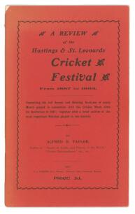 ‘A Review of the Hastings & St. Leonards Cricket Festival from 1887 to 1903’. Alfred D. Taylor. Hastings 1903. Original red decorative wrappers. Tear to the edge of the front wrapper and slight split to the top corner of the spine paper otherwise in good/