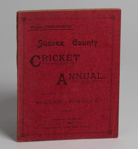 ‘Sussex Cricket Annual for 1902’. Second issue of the Annual in original red paper wrappers, edited by A.D. Taylor, ‘Willow Wielder’. Printed by W.E. Nash of Brighton. Good/very good condition. Ex Woodhouse collection. Rare