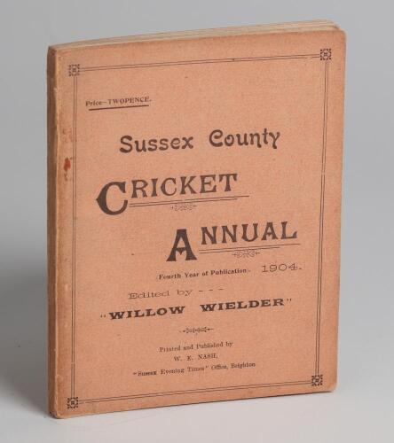 ‘Sussex Cricket Annual for 1904’. Fourth issue of the Annual in original peach paper wrappers, edited by A.D. Taylor, ‘Willow Wielder’. Printed by W.E. Nash of Brighton. With player portraits of the players. Good/very condition. Ex Woodhouse collection. R