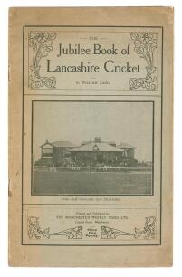 ‘The Jubilee Book of Lancashire Cricket’. William Lang. Printed and published by The Manchester Weekly Times Ltd 1914. 22pp. Original pictorial wrappers. Some age toning and minor wear to wrappers, rusting to staples, centre two folding pages cleanly deta