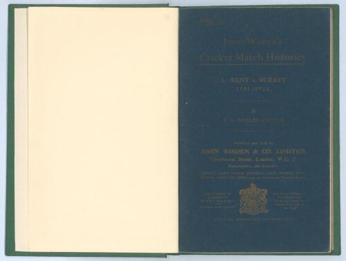 Surrey cricket. &lsquo;John Wisden&rsquo;s Cricket Match Histories&rsquo;. Three booklets by F.S. Ashley-Cooper, published by John Wisden & Co., London 1922, bound together as one volume in green cloth, gilt title to front, all with original dark blue card wrappers preserv