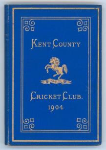 Kent County Cricket Club Annual 1904. Hardback ‘blue book’. Original decorative boards. Gilt titles and to all page edges with gilt Kent emblem to centre. Printed by the Kentish Express (Igglesdon & Co) of Ashford 1904. Some minor fading to spine paper ot