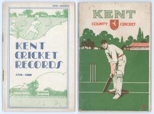 Kent cricket. Two histories relating to Kent cricket by F.S. Ashley-Cooper, both in original decorative paper wrappers. Titles are the rarer ‘Kent Cricket Records 1719-1929’, Canterbury 1929, signature of Kent collector, H.W. Warner to title page. ‘Kent C