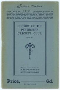 ‘Cricket in Perth 1827-1921’. History of the Perthshire Cricket Club. James Barlas, Perth, 1921. Original souvenir brochure stamped ‘Prize draw No. 4172’ to front cover. Original decorative paper wrappers. Padwick no. 3285. Light vertical fold, minor age