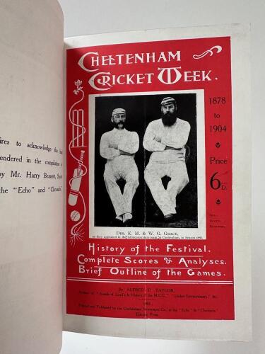 ‘Cheltenham Cricket Week. A Review of the Games from 1878 to 1904. Together with a brief outline of other important matches played in the district’. Alfred D. Taylor. Cheltenham 1905. 1st Edition, 60pp. Bound in green half leather with original decorative