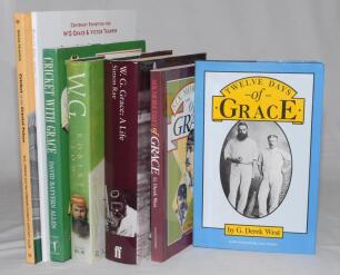 W.G. Grace biographies. Six original titles, all hardbacks with one softback, each signed by the author with inscribed dedications and/ or letters to the collector, Roger Mann, who assisted with the research for each. Titles include two by G. Derek West, 