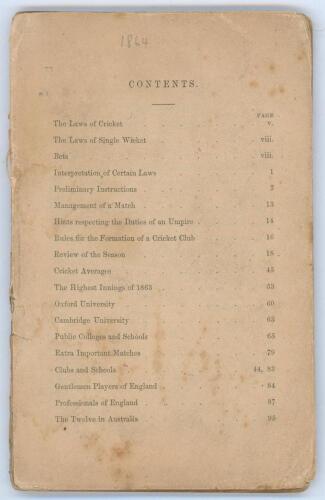 ‘The Guide to Cricketers containing full directions for playing the noble and manly game of Cricket...’ 1864. Compiled and Edited by Frederick Lillywhite. Published by Fred. Lillywhite, Kennington Oval, London 1864. 19th Edition. 8vo. Original rear paper 