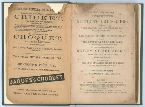 ‘The Guide to Cricketers containing full directions for playing the noble and manly game of Cricket...’ 1865. Compiled and Edited by Frederick Lillywhite. Published by Fred. Lillywhite, Kennington Oval, London 1865. 20th Edition. 8vo. Rebound in green clo