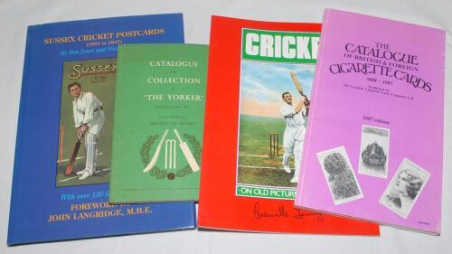 Catalogues and guides. Five titles including one signed. ‘Sussex Cricket Postcards (1901 to 1947)’, Bob Jones and Nicholas Sharp, Hainault 1994, hardback with good dustwrapper, signed ‘Bob’ and ‘Nicholas’ to page facing title page. Also ‘Catalogue of the 