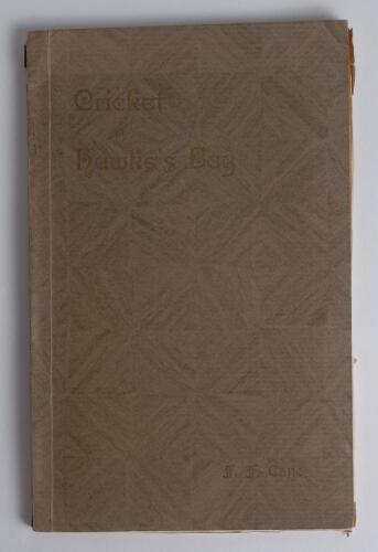 ‘Cricket in Hawke’s Bay’ Containing a complete History of the game’s progress in this District...’ F.F. Cane 1921. Printed by G.W. Venables of Napier. Original brown patterned wrappers with gilt title. Ex M.C.C. Library with label. This was originally F.S