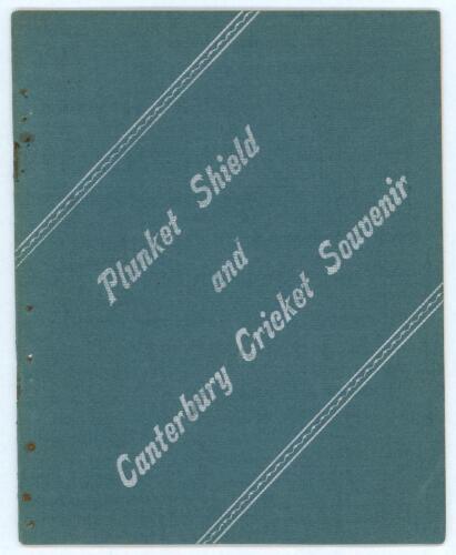 ‘Plunket Shield and Canterbury Cricket Souvenir’. Published by H.E. Lawrence and printed by Theo Cox 1913. Light blue wrappers with titles in silver to front wrapper. Staples have been removed, minor rusting to the staple holes otherwise in good condition