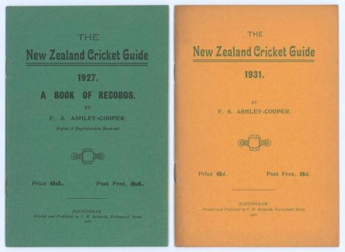 &lsquo;The New Zealand Cricket Guide. [A Book of Records]&rsquo;. Two issues for 1927 and 1931. F.S. Ashley-Cooper. Published by C.H. Richards, Nottingham 1927 & 1931 respectively. Both in original paper wrappers. Padwick 3740. The 1927 issue with Ashley-Cooper&rsquo;s add
