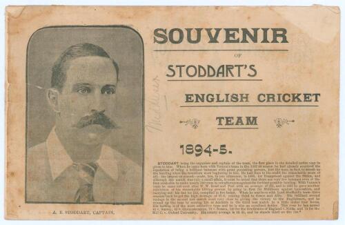 ‘Souvenir of Stoddart’s English Cricket Team 1894-5’. Original 14pp souvenir booklet plus two supplementary[?] loose pages of ‘Score Sheet’ and ‘ £10 Coupon’ competition entry form. Comprises biographies of the touring party members and advertising. Pad