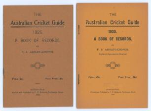 ‘The Australian Cricket Guide. A Book of Records’. Two issues for 1926 and 1930. F.S. Ashley-Cooper. Published by C.H. Richards, Nottingham 1926 & 1930 respectively. Both in original paper wrappers. Padwick 3328. Rusting to staples, otherwise in very good