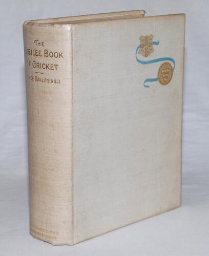 ‘The Jubilee Book of Cricket’. K.S. Ranjitsinhji. Edinburgh 1897. Limited edition of 350 copies signed by Ranjitsinhji, this being number 47. Hand made paper, top edge gilt, other edges untrimmed. Original vellum board covers. Padwick 467. Small stains to