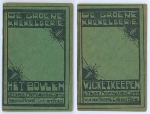 Dutch instructional booklets. Two first edition titles from the series ‘De Groene Krekelserie’, both in original green decorative paper wrappers, published by the ‘Propaganda-Commissie van den Nederlandschen Cricket Bond’. Titles are ‘Het Bowlen [Bowling]