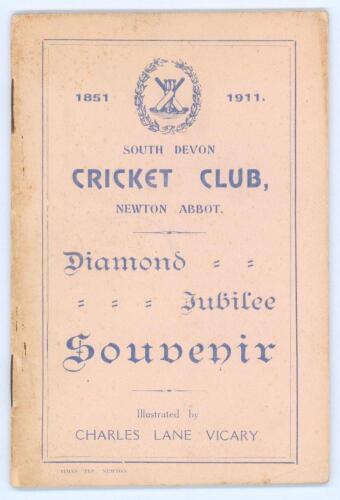 ‘1851-1911. South Devon Cricket Club, Newton Abbott’. Illustrated by Charles Lane Vicary. Newton Abbott 1911. Diamond jubilee souvenir booklet. 36pp with original decorative paper wrappers. Padwick 1858. Cricket Society stamp to inside front cover. Rustin