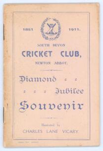 ‘1851-1911. South Devon Cricket Club, Newton Abbott’. Illustrated by Charles Lane Vicary. Newton Abbott 1911. Diamond jubilee souvenir booklet. 36pp with original decorative paper wrappers. Padwick 1858. Cricket Society stamp to inside front cover. Rustin