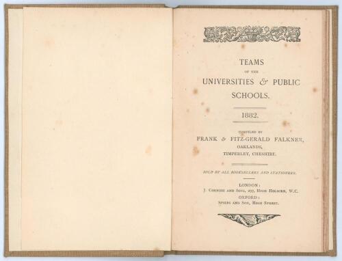 ‘Teams of the Universities & Public Schools 1882’. Frank & Fitz-gerald Falkner. J. Cornish & Sons, London 1882. Rebound in later beige cloth, gilt title to spine, lacking original wrappers. Sale plate of H.A. Cohen to inside front cover. Listed but not se