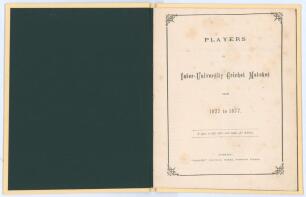 ‘Players in Inter-University Cricket Matches from 1827 to 1877’. Published by Gazette Printing Works, Bampton Street, Tiverton 1877. 14pp. ‘A space is left, after each name, for address’. Original paper wrappers. Tipped in to modern cream cloth. Padwick 1