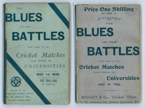 ‘The Blues and Their Battles with scores of all Cricket Matches played between the Universities’. Volume I 1829-1892 and Volume II 1829-1893. Edited by J.N. Pentelow. 98pp and 100pp respectively. Each volume rebound with original stiffened wrappers retain